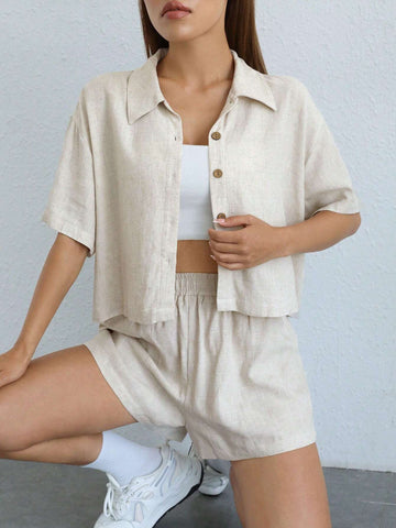 Solid Button Front Drop Shoulder Shirt & Shorts Without Cami Top