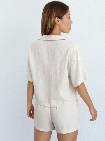 Solid Button Front Drop Shoulder Shirt & Shorts Without Cami Top