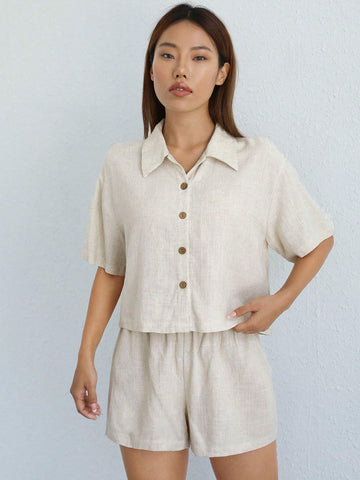 Solid Button Front Drop Shoulder Shirt & Shorts Without Cami Top
