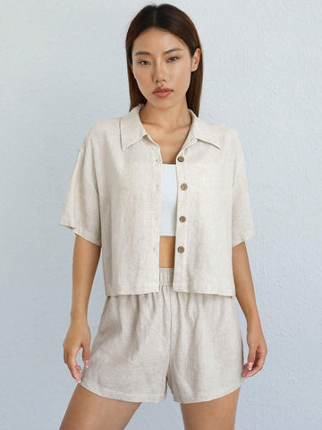 Solid Button Front Drop Shoulder Shirt & Shorts Without Cami Top
