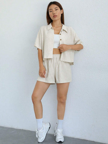 Solid Button Front Drop Shoulder Shirt & Shorts Without Cami Top