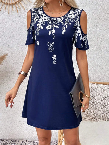 EMERY ROSE Floral Print Cold Shoulder Tee Dress