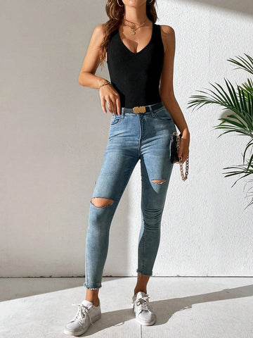 Solid V Neck Tank Bodysuit