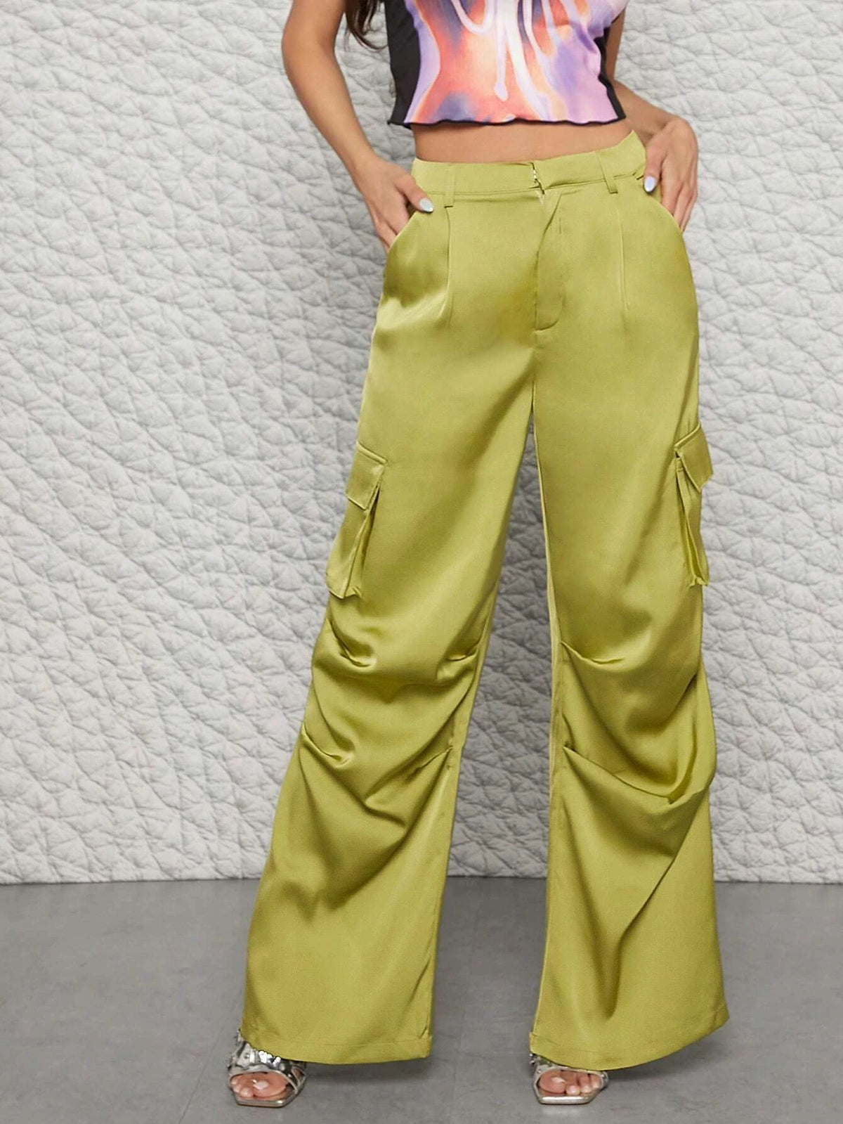 Satin Flap Pocket Side Wide Leg Cargo Pants