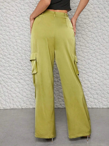 Satin Flap Pocket Side Wide Leg Cargo Pants