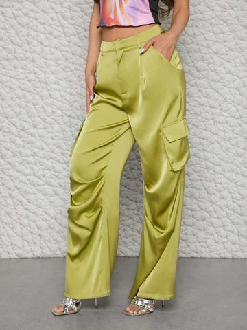 Satin Flap Pocket Side Wide Leg Cargo Pants