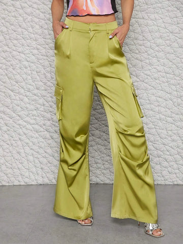 Satin Flap Pocket Side Wide Leg Cargo Pants