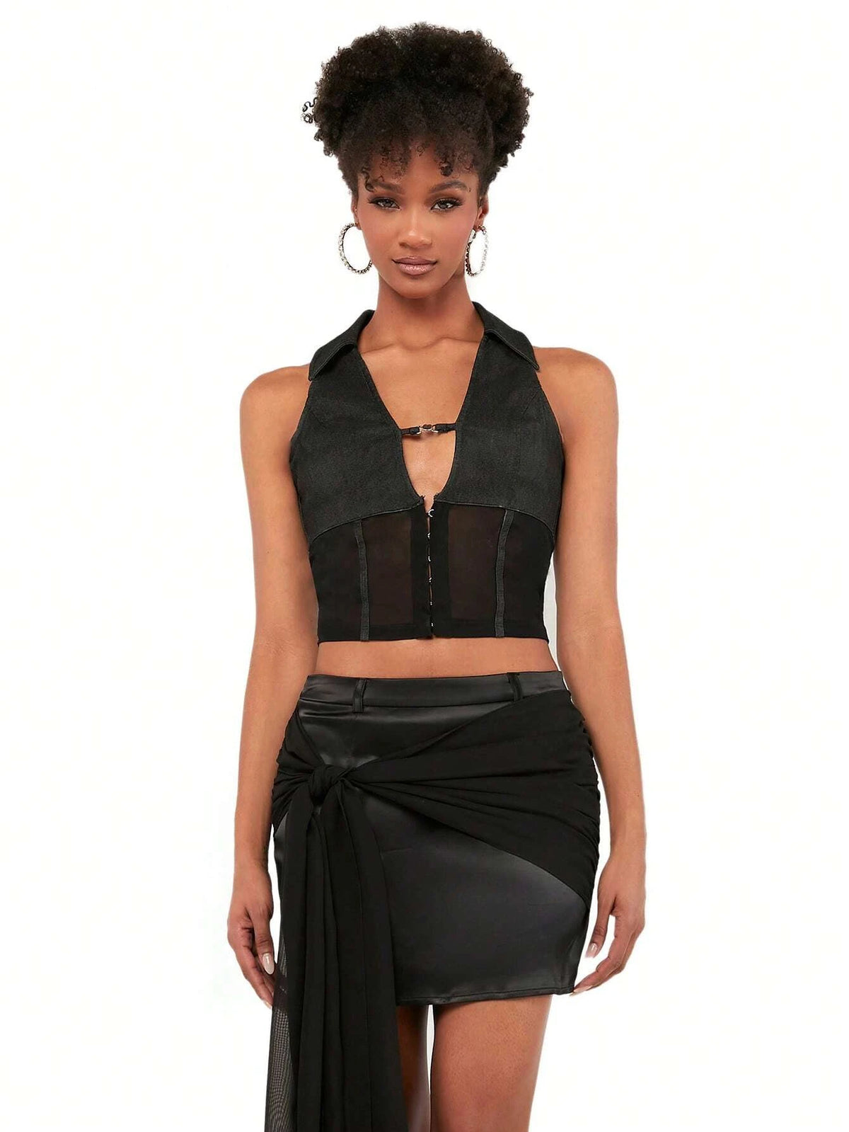 Hook And Eye Front Mesh Insert Crop Top