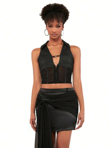 Hook And Eye Front Mesh Insert Crop Top