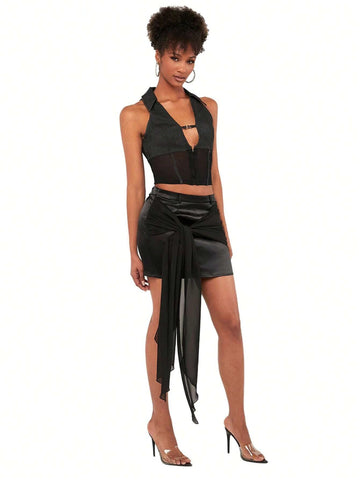 Hook And Eye Front Mesh Insert Crop Top