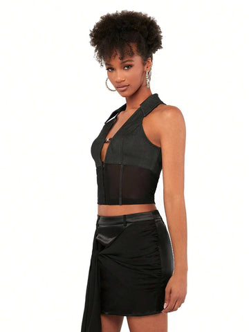 Hook And Eye Front Mesh Insert Crop Top