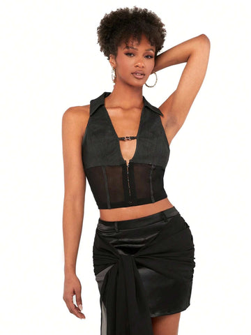 Hook And Eye Front Mesh Insert Crop Top