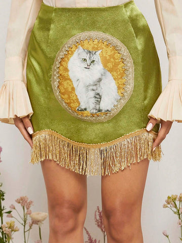Cat Pattern Fringe Hem Skirt