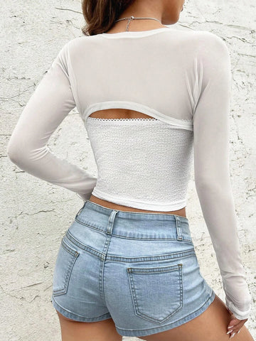 EZwear Ruched Bust Floral Appliques Detail Crop Tee