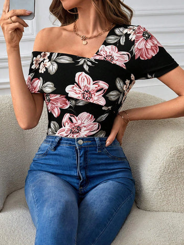 Unity Floral Print Asymmetrical Neck Tee
