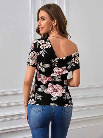 Unity Floral Print Asymmetrical Neck Tee