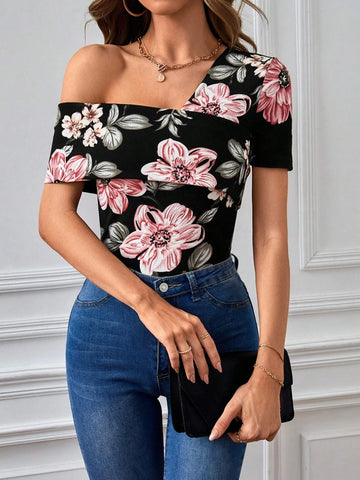 Unity Floral Print Asymmetrical Neck Tee