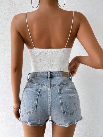 Solid Eyelet Embroidery Cami Bodysuit