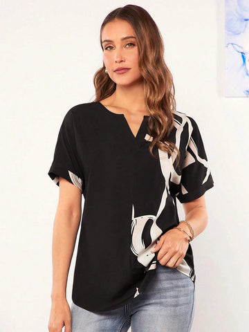 EMERY ROSE Graphic Print Notched Neckline Batwing Sleeve Blouse