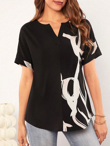 EMERY ROSE Graphic Print Notched Neckline Batwing Sleeve Blouse