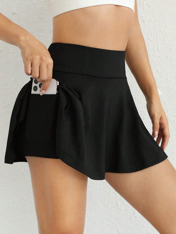 EZwear Solid Wideband Waist Skirt With Phone Pocket.