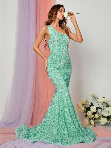 One Shoulder Mermaid Hem Sequin Formal Dress
