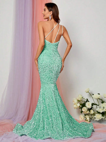 One Shoulder Mermaid Hem Sequin Formal Dress