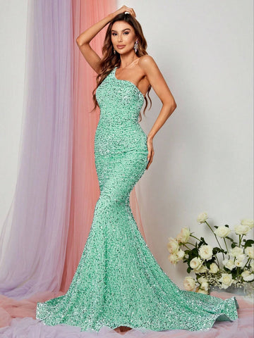 One Shoulder Mermaid Hem Sequin Formal Dress