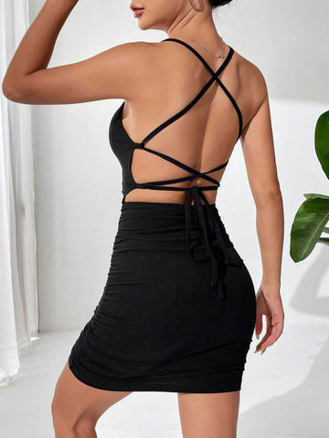 Lace Up Backless Ruched Side Cami Bodycon Dress