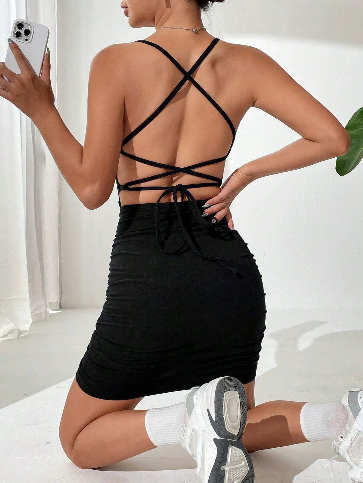Lace Up Backless Ruched Side Cami Bodycon Dress