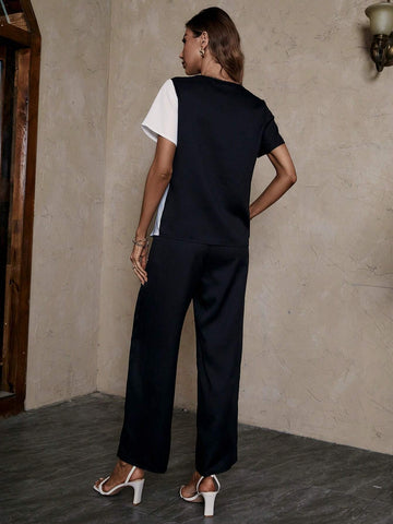 EMERY ROSE Two Tone Asymmetrical Hem Blouse & Wide Leg Pants