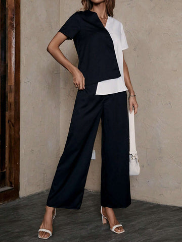 EMERY ROSE Two Tone Asymmetrical Hem Blouse & Wide Leg Pants