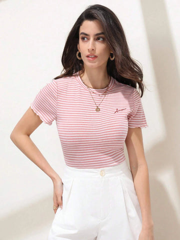 Frenchy Striped Print Embroidery Letter Tee