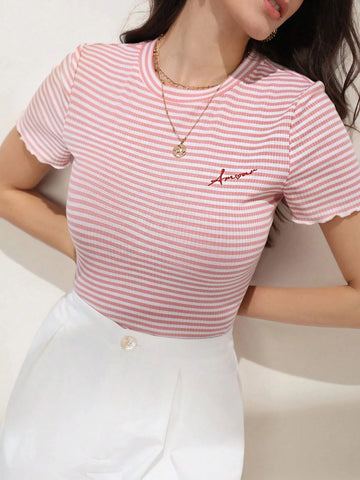 Frenchy Striped Print Embroidery Letter Tee