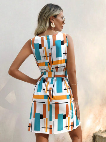EMERY ROSE Geo Print Belted Dress