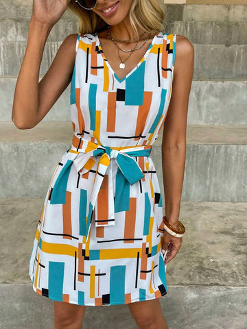 EMERY ROSE Geo Print Belted Dress