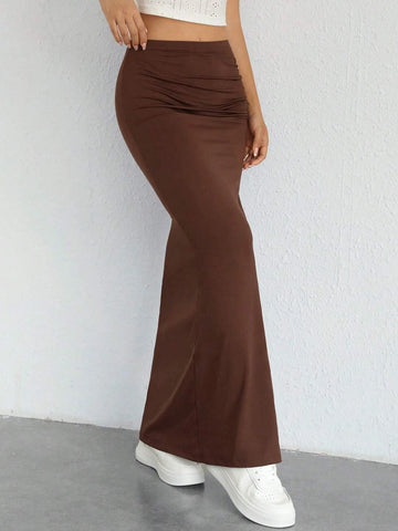 EZwear Solid Split Thigh Ruched Detail Skirt