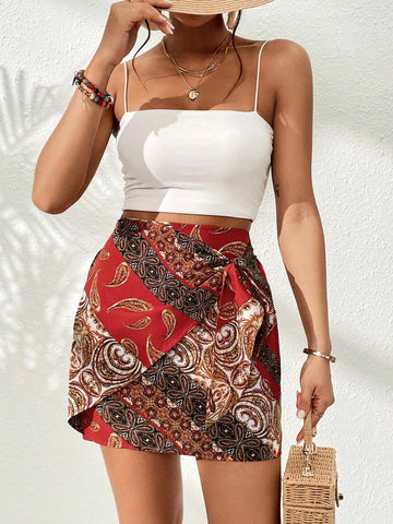 VCAY Paisley Print Knot Side Skirt