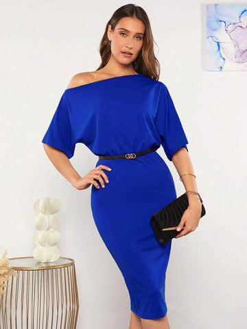 EMERY ROSE Solid Asymmetrical Neck Batwing Sleeve Dress Without Belt