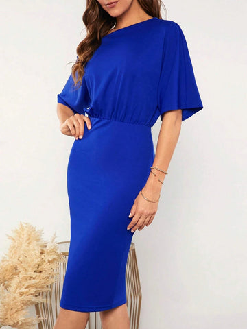 EMERY ROSE Solid Asymmetrical Neck Batwing Sleeve Dress Without Belt