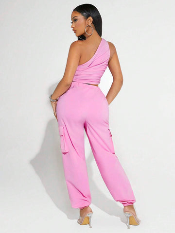 One Shoulder Crop Top & Flap Pocket Side Drawstring Waist Cargo Pants
