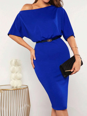 EMERY ROSE Solid Asymmetrical Neck Batwing Sleeve Dress Without Belt
