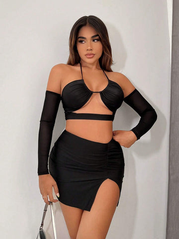 Cut Out Front Halter Top With Arm Sleeve & Split Hem Skirt