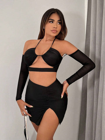 Cut Out Front Halter Top With Arm Sleeve & Split Hem Skirt