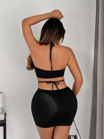 Cut Out Ring Linked Tie Backless Halter Neck Bodycon Dress