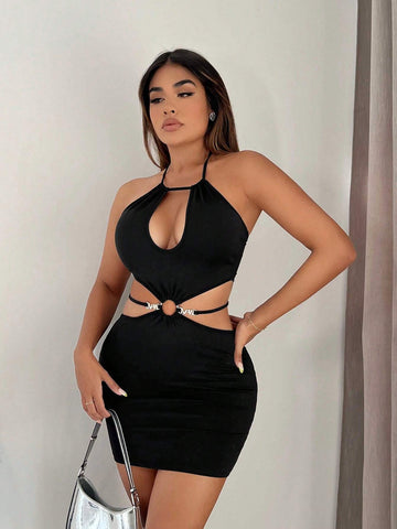 Cut Out Ring Linked Tie Backless Halter Neck Bodycon Dress
