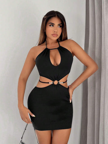 Cut Out Ring Linked Tie Backless Halter Neck Bodycon Dress