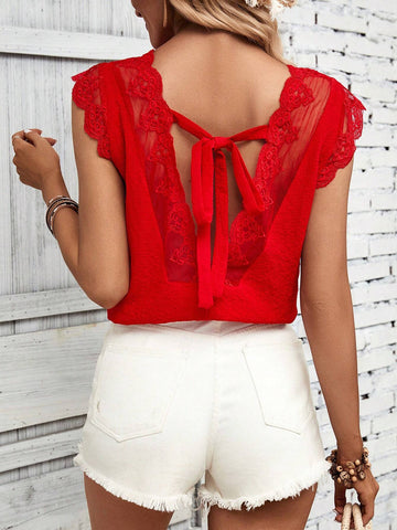 Tie Backless Contrast Lace Scallop Trim Blouse