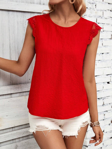 Tie Backless Contrast Lace Scallop Trim Blouse