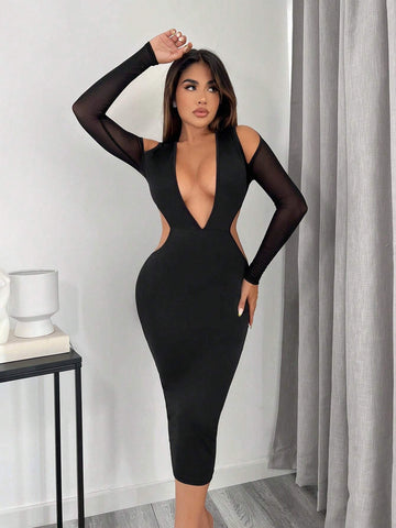 Plunging Neck Cut Out Contrast Mesh Bodycon Dress